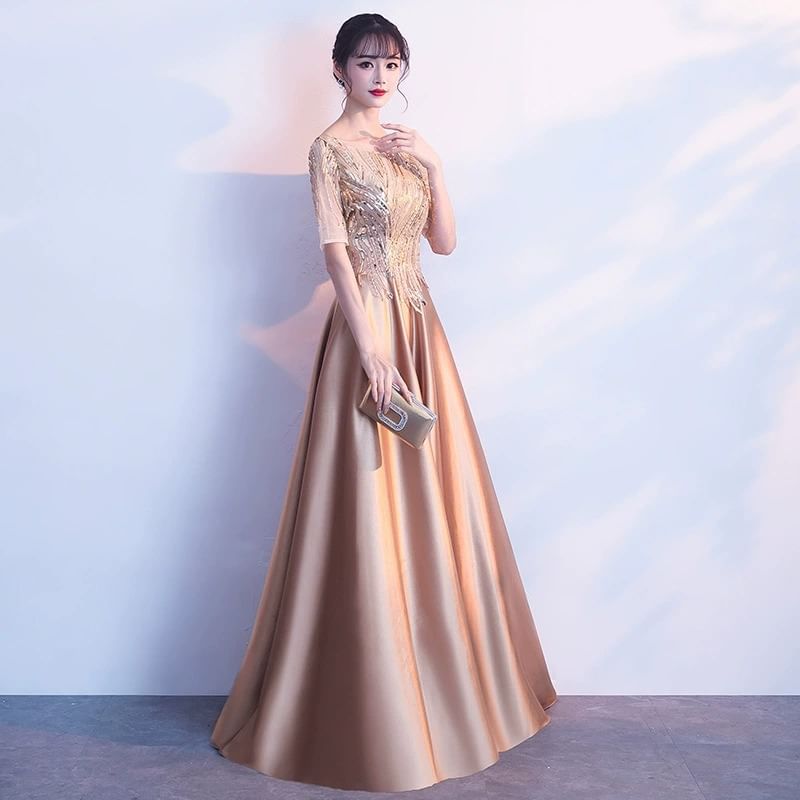 Short-Sleeve Sequin Beaded A-Line Evening Gown