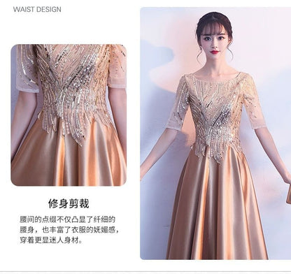 Short-Sleeve Sequin Beaded A-Line Evening Gown