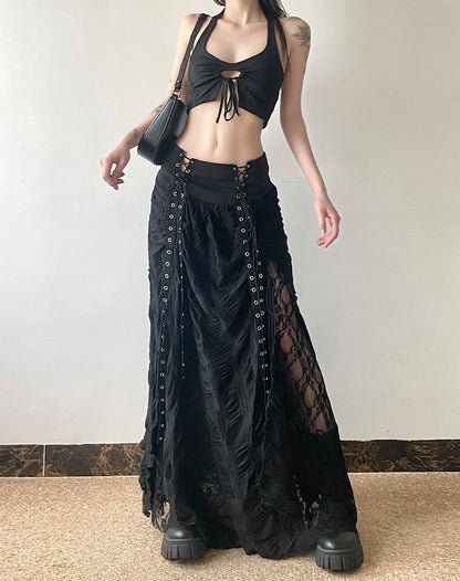 High-Rise Lace-Trimmed Long A-Line Skirt
