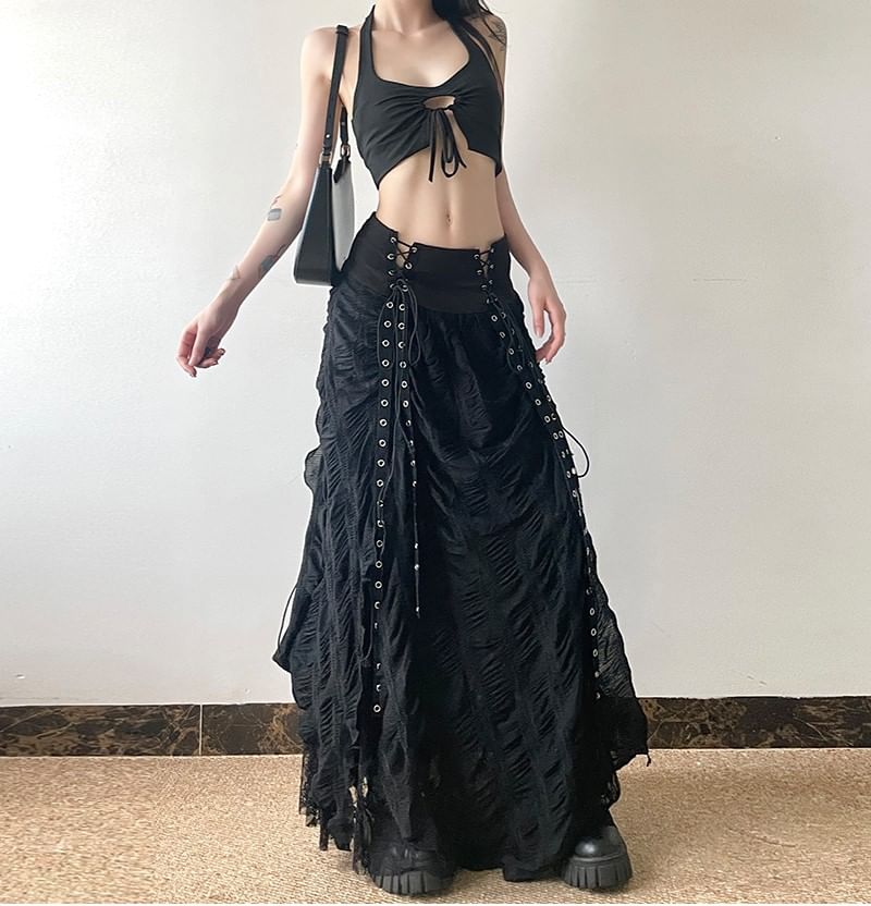 High-Rise Lace-Trimmed Long A-Line Skirt