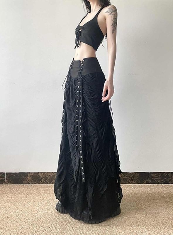 High-Rise Lace-Trimmed Long A-Line Skirt