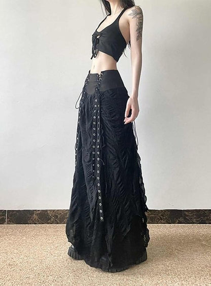 High-Rise Lace-Trimmed Long A-Line Skirt