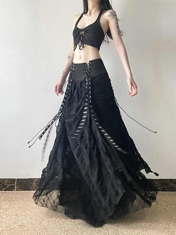 High-Rise Lace-Trimmed Long A-Line Skirt