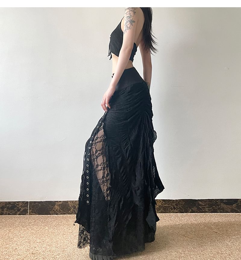 High-Rise Lace-Trimmed Long A-Line Skirt