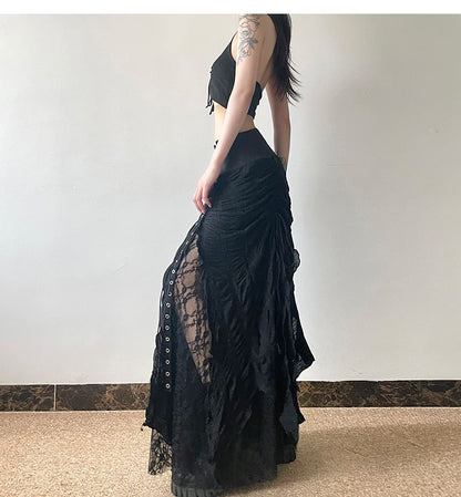 High-Rise Lace-Trimmed Long A-Line Skirt