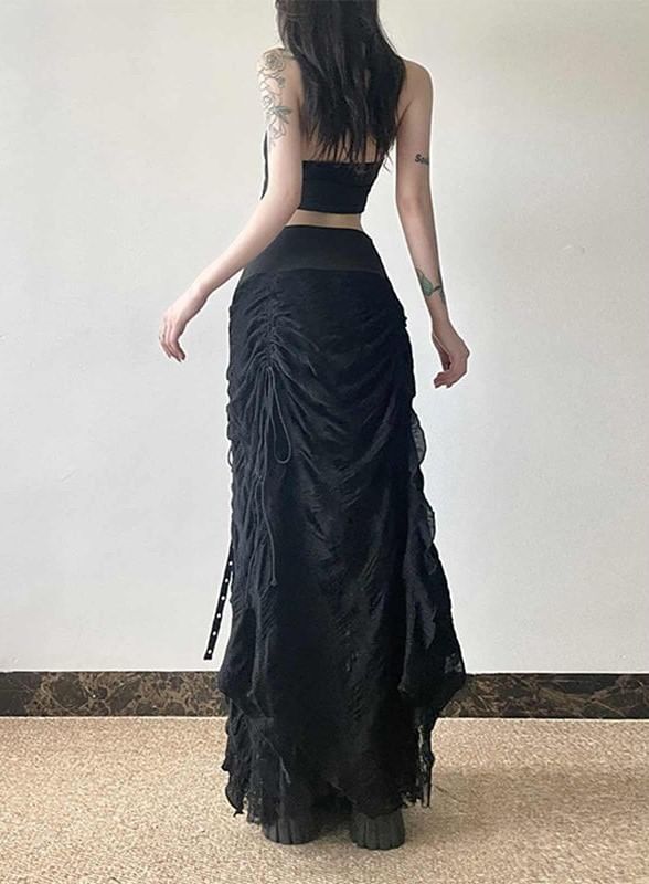 High-Rise Lace-Trimmed Long A-Line Skirt