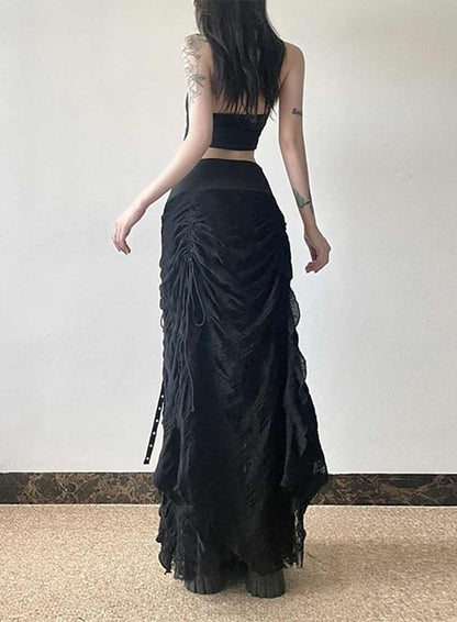 High-Rise Lace-Trimmed Long A-Line Skirt