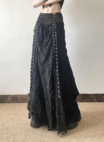 High-Rise Lace-Trimmed Long A-Line Skirt