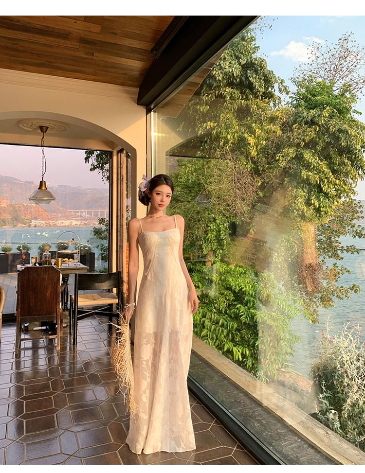 Floral A-Line Dress Jacquard Strap Maxi Spaghetti