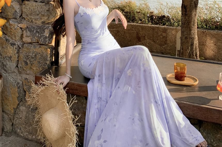 Spaghetti Strap Floral Print Panel Lace Maxi Trumpet Dress