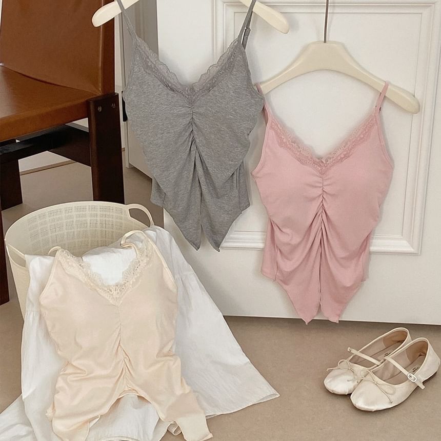 Cami Fit Trim Lace Top Slit Ruched Plain Slim