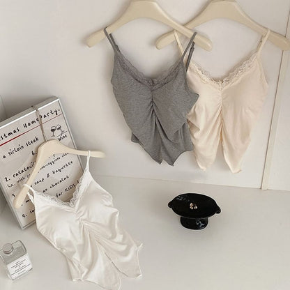 Cami Fit Trim Lace Top Slit Ruched Plain Slim