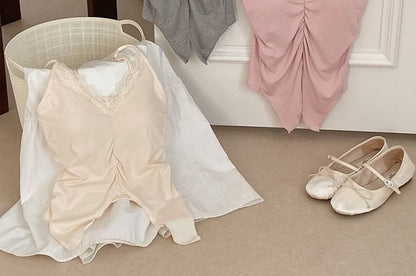 Cami Fit Trim Lace Top Slit Ruched Plain Slim