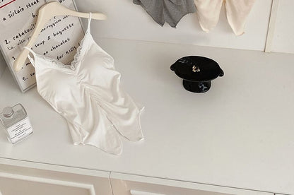 Cami Fit Trim Lace Top Slit Ruched Plain Slim