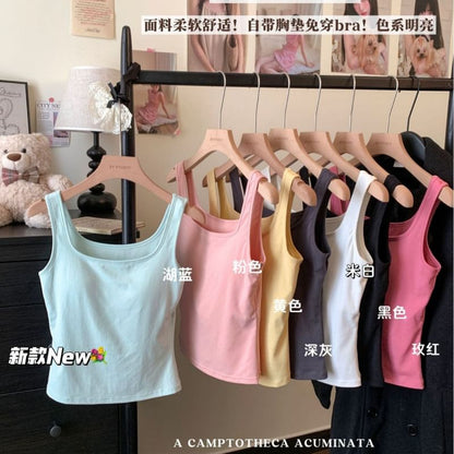 Neck Padded Square Fit Plain Slim Top Tank