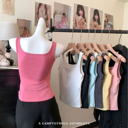 Neck Padded Square Fit Plain Slim Top Tank