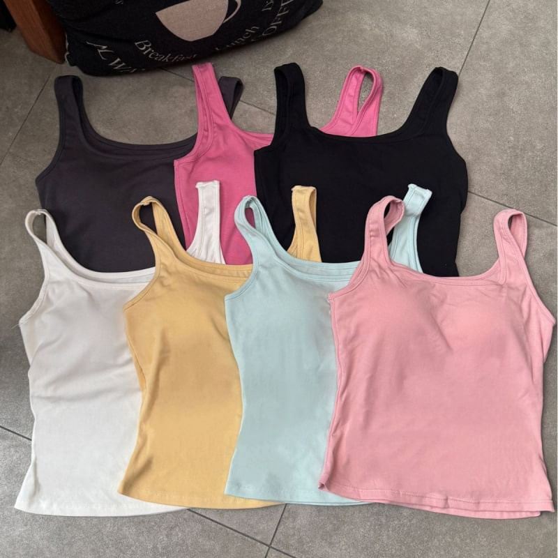 Neck Padded Square Fit Plain Slim Top Tank