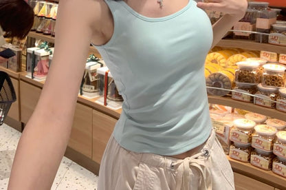 Neck Padded Square Fit Plain Slim Top Tank