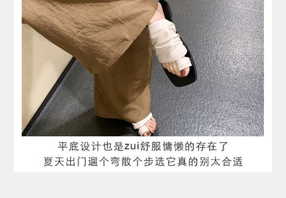 Square Toe Ruched Faux Leather Toe Loop Slide Sandals