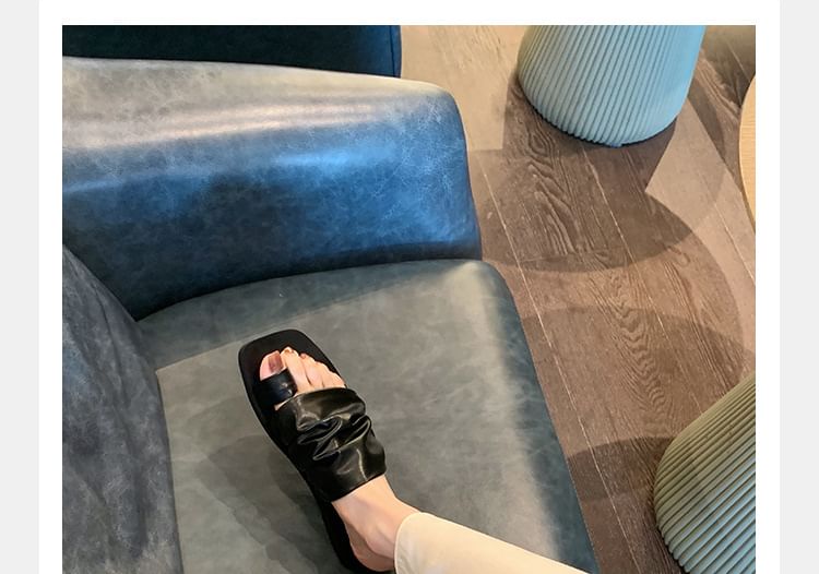 Square Toe Ruched Faux Leather Toe Loop Slide Sandals