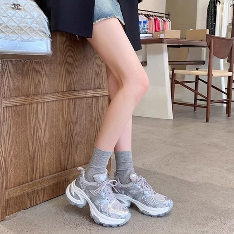 Platform Mesh Panel Lace-Up Genuine Leather Sneakers