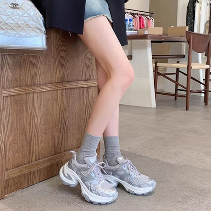 Platform Mesh Panel Lace-Up Genuine Leather Sneakers