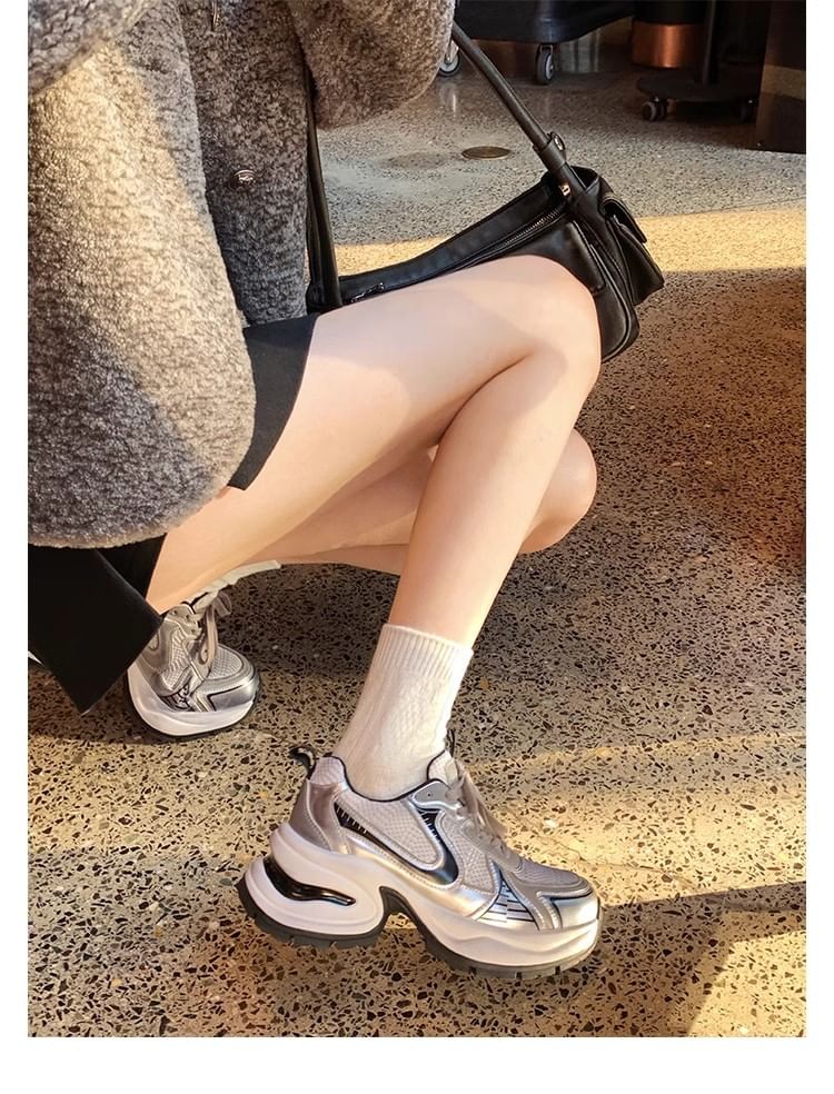 Platform Mesh Panel Lace-Up Genuine Leather Sneakers