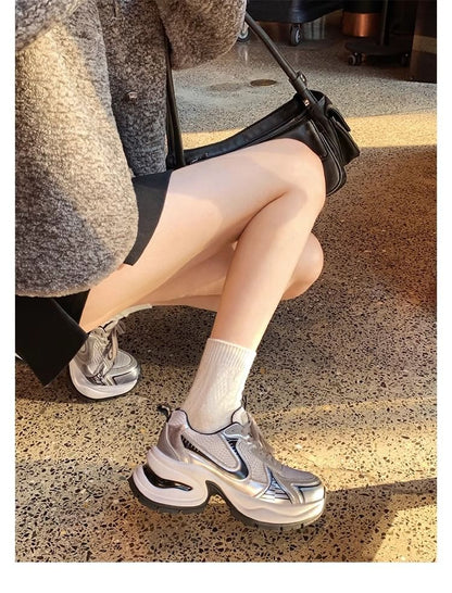 Platform Mesh Panel Lace-Up Genuine Leather Sneakers