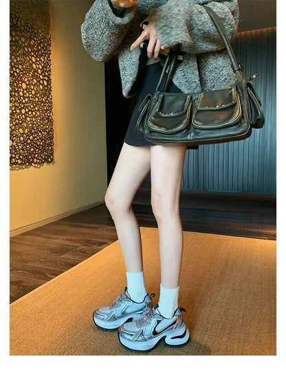 Platform Mesh Panel Lace-Up Genuine Leather Sneakers