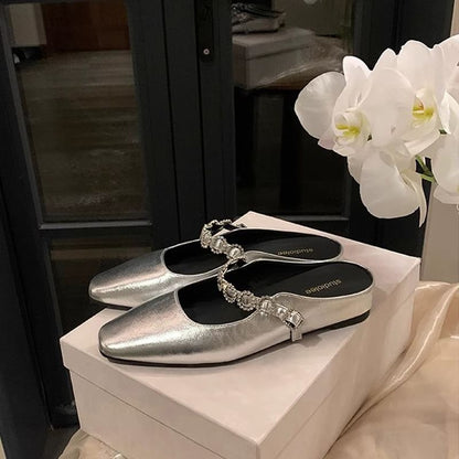 Hidden Wedge Rhinestone Faux Leather Mary Jane Mules