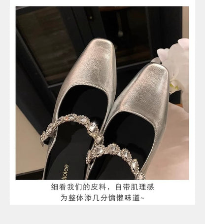 Hidden Wedge Rhinestone Faux Leather Mary Jane Mules