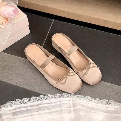 Hidden Wedge Round Toe Bow Satin Mary Jane Mules
