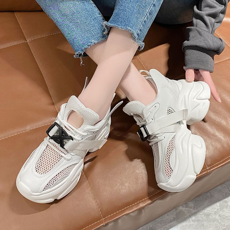 Platform Buckled Lace-Up Mesh Sneakers