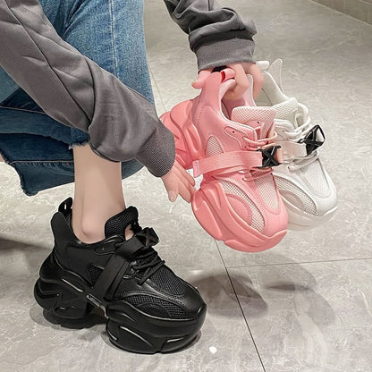 Platform Buckled Lace-Up Mesh Sneakers