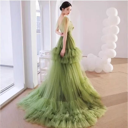Short-Sleeve V-Neck Plain Floral Accent Ruffle Trained A-Line Evening Gown