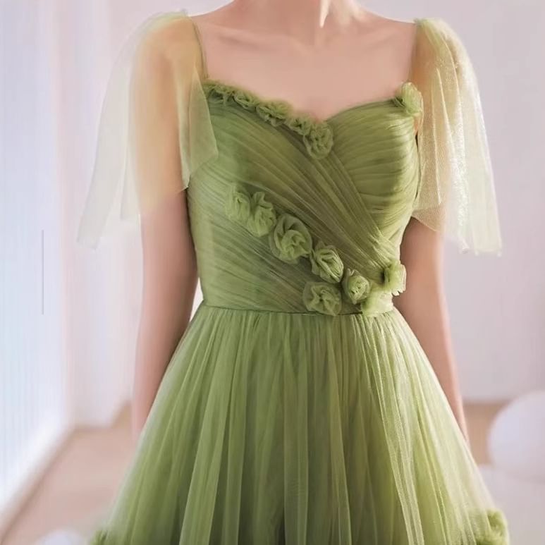 Short-Sleeve V-Neck Plain Floral Accent Ruffle Trained A-Line Evening Gown