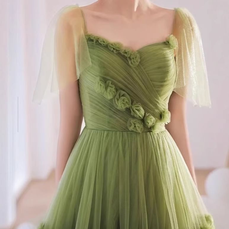 Short-Sleeve V-Neck Plain Floral Accent Ruffle Trained A-Line Evening Gown