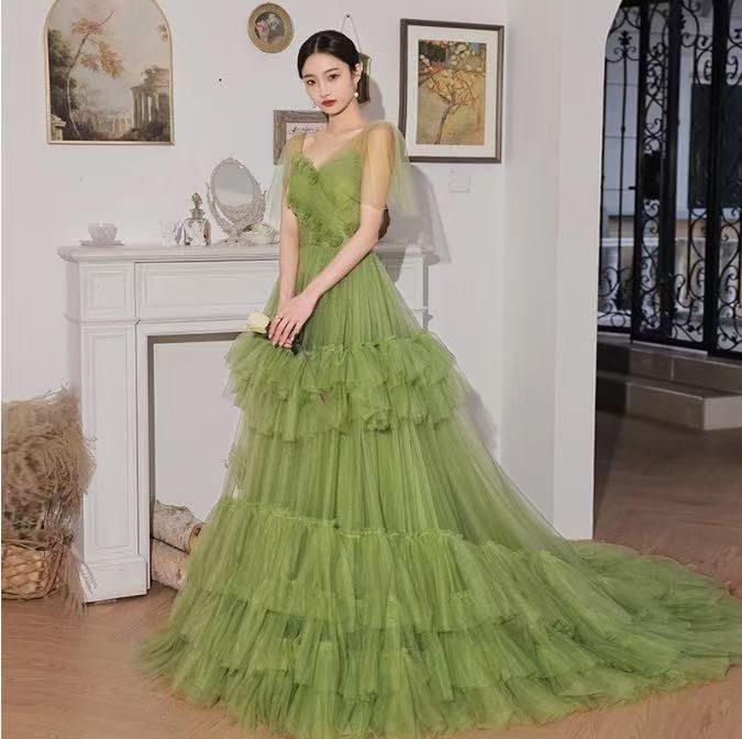 Short-Sleeve V-Neck Plain Floral Accent Ruffle Trained A-Line Evening Gown