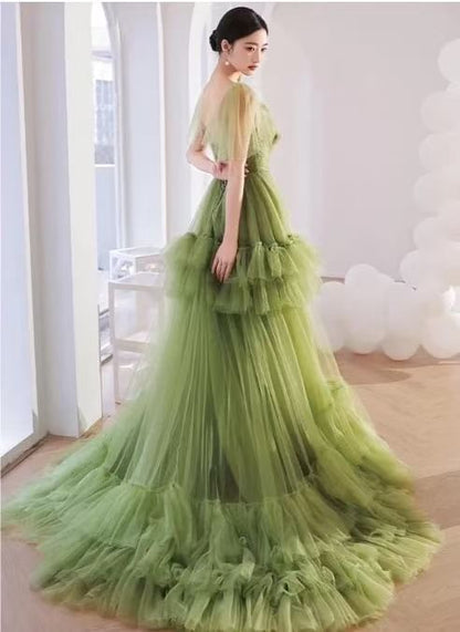 Short-Sleeve V-Neck Plain Floral Accent Ruffle Trained A-Line Evening Gown