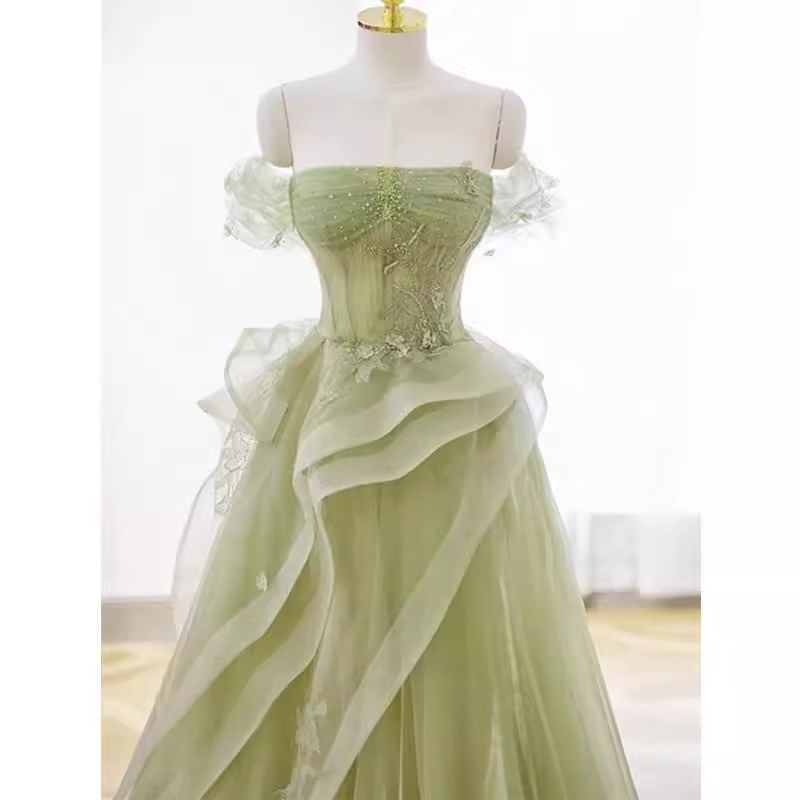 Off-Shoulder Sequin Ruffle Trim A-Line Evening Gown