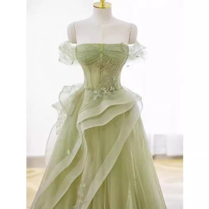 Off-Shoulder Sequin Ruffle Trim A-Line Evening Gown