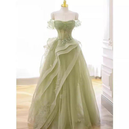 Off-Shoulder Sequin Ruffle Trim A-Line Evening Gown