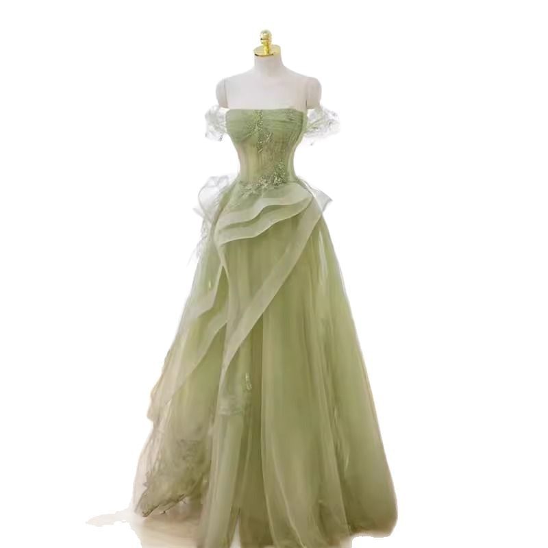 Off-Shoulder Sequin Ruffle Trim A-Line Evening Gown