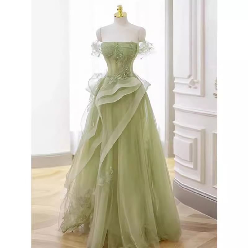 Off-Shoulder Sequin Ruffle Trim A-Line Evening Gown