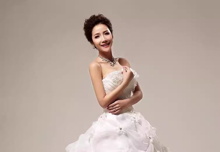 Strapless Lace Panel Floral Accent Ruched Ball Gown