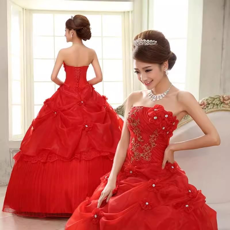 Strapless Lace Panel Floral Accent Ruched Ball Gown