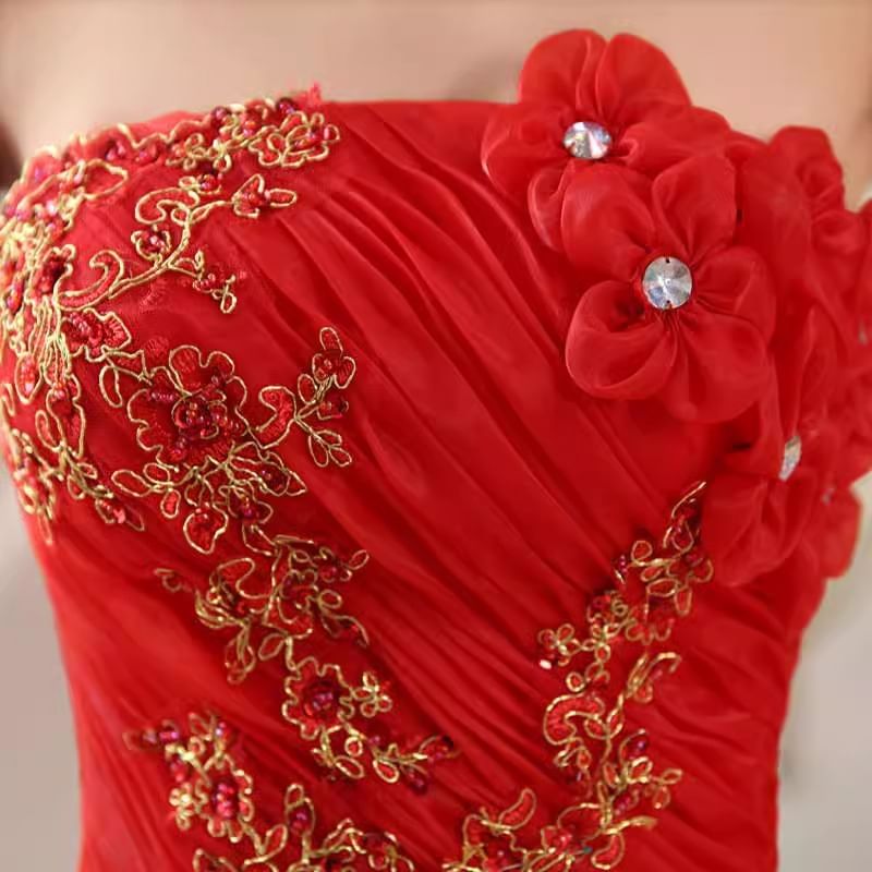 Strapless Lace Panel Floral Accent Ruched Ball Gown