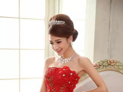 Strapless Lace Panel Floral Accent Ruched Ball Gown