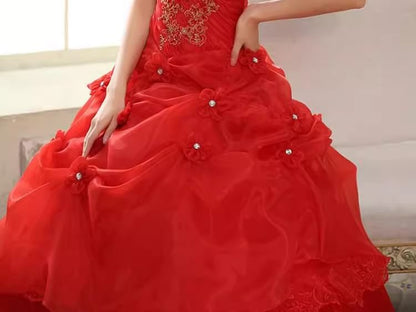 Strapless Lace Panel Floral Accent Ruched Ball Gown