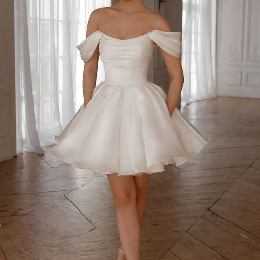 Short Sleeve Off-Shoulder Plain Ruched Mini A-Line Cocktail Dress